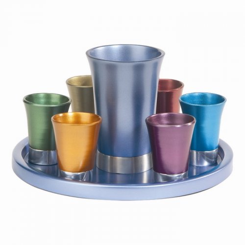 Yair Emanuel Aluminum Kiddush Goblet and Six Cups with Tray - Metallic Colors