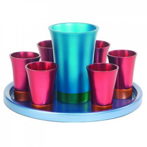 Yair Emanuel Aluminum Kiddush Goblet and Six Cups with Tray - Metallic Colors