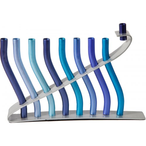 Yair Emanuel Anodized Aluminum Hanukkah Menorah, Lyre Image - Shades of Blue