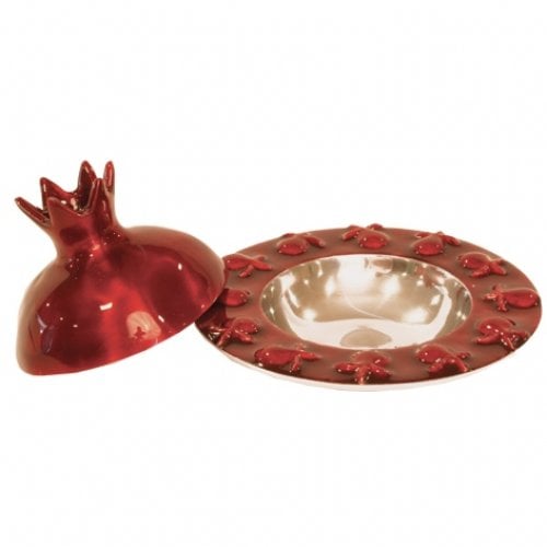 Yair Emanuel Anodized Aluminum Honey Dish with Pomegranate Cover - Ruby Red