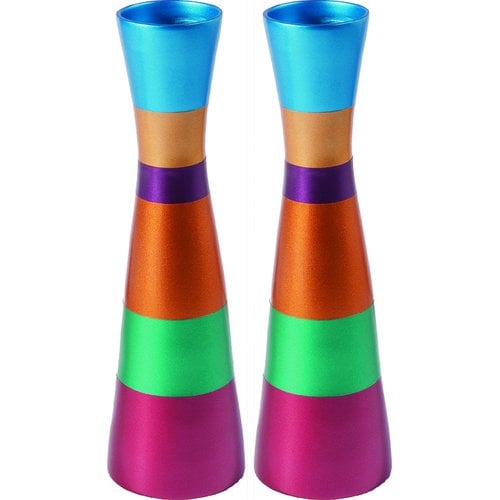 Yair Emanuel Anodized Aluminum Slender Shabbat Candlesticks - Colored Bands