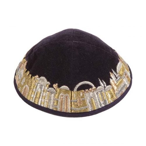 Yair Emanuel Black Velvet Kippah, Embroidered Jerusalem Images - Gold