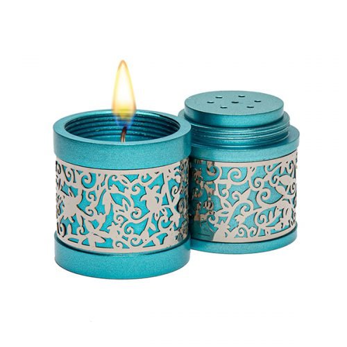 Yair Emanuel Compact Havdalah Spice Box and Candle Holder, Cutouts - Turquoise