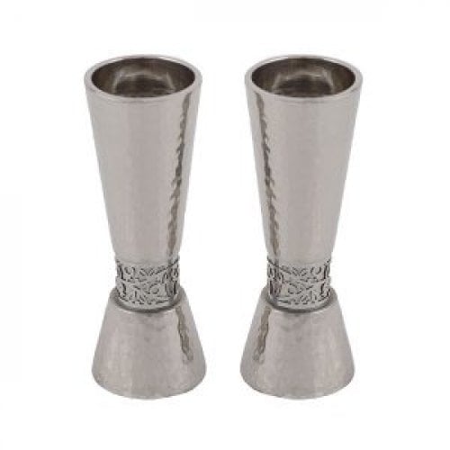 Yair Emanuel Cone Candlesticks with Silver Pomegranate Band - Hammered Silver