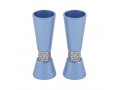 Yair Emanuel Cone Shaped Candlesticks with Silver Pomegranate Band - Blue