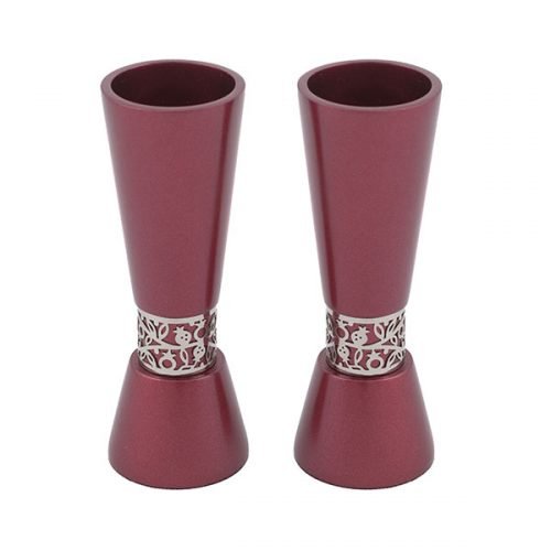 Yair Emanuel Cone Shaped Candlesticks with Silver Pomegranate Band - Maroon