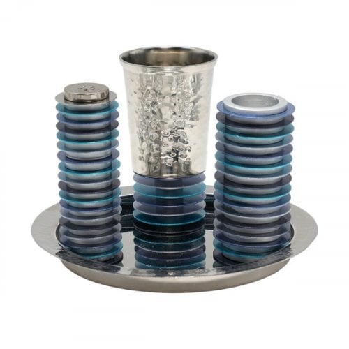 Yair Emanuel Contemporary 4-Piece Havdalah Set, Stacked Discs - Blue