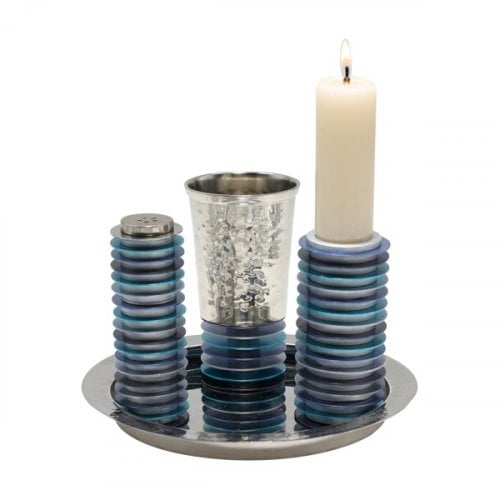 Yair Emanuel Contemporary 4-Piece Havdalah Set, Stacked Discs - Blue