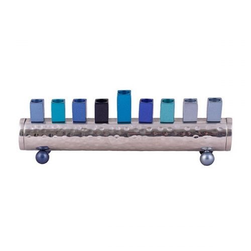 Yair Emanuel Cylinder Chanukah Menorah, Hammered Aluminum - Blue