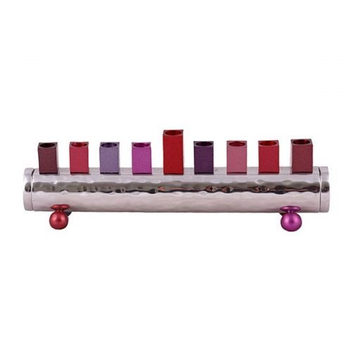 Yair Emanuel Cylinder Chanukah Menorah, Hammered Aluminum - Red and Pink