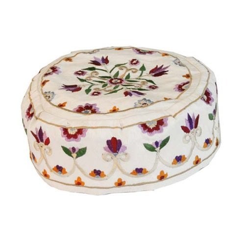 Yair Emanuel Embroidered Bucharian Hat-Kippah - Flowers on Off-White Fabric