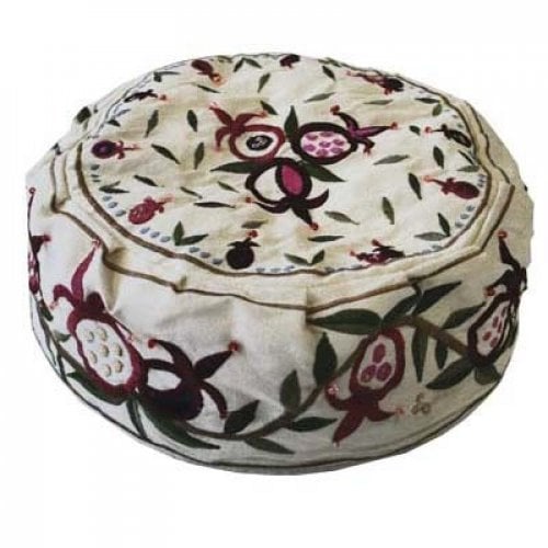 Yair Emanuel Embroidered Bucharian Hat-Kippah - Pomegranates on Off-white