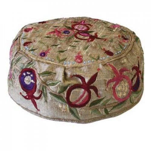 Yair Emanuel Embroidered Bucharian Hat-Kippah on Gold - Pomegranates