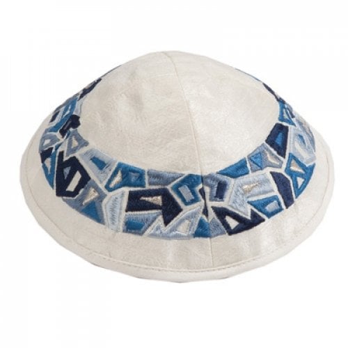 Yair Emanuel Embroidered Kippah, Blue Geometric Shapes Design on Cream