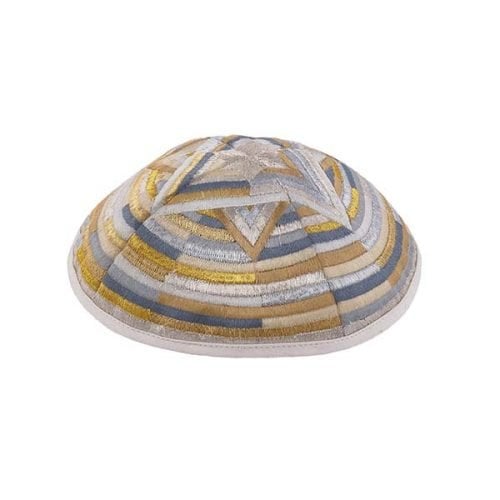 Yair Emanuel Embroidered Kippah, Large Star of David and Circular Bands - Gold