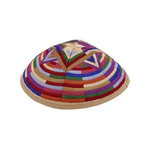 Yair Emanuel Embroidered Kippah, Large Star of David and Circular Bands - Multicolored