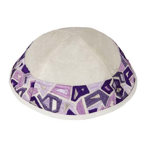 Yair Emanuel Embroidered Kippah, Purple Geometric Shapes on Cream