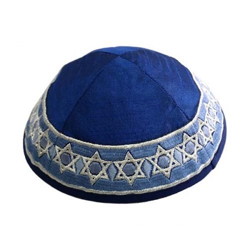 Yair Emanuel Embroidered Kippah, Stars of David - Blue