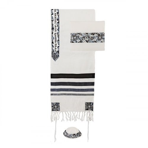 Yair Emanuel Embroidered Mosaic Stars of David Tallit Set - Black and Gray