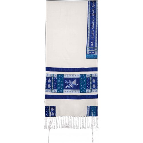 Yair Emanuel Embroidered Silk Tallit Set, Pomegranate Design - Blue