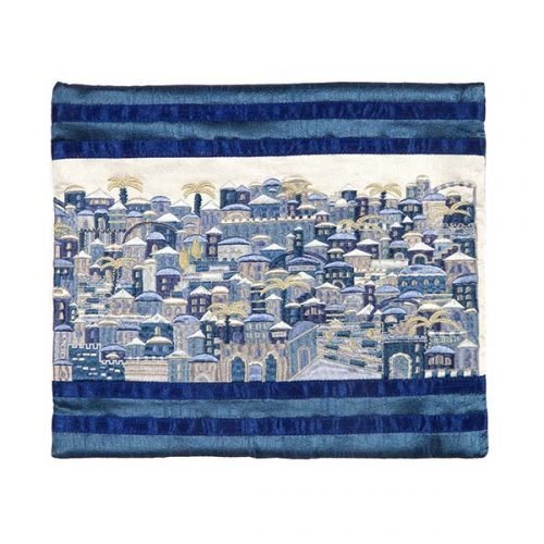 Yair Emanuel Embroidered Tallit Bag, Tefillin Bag Panoramic Jerusalem - Blue