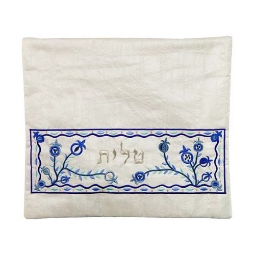 Yair Emanuel, Embroidered Tallit Tefillin Bags - Blue Pomegranates on off-White