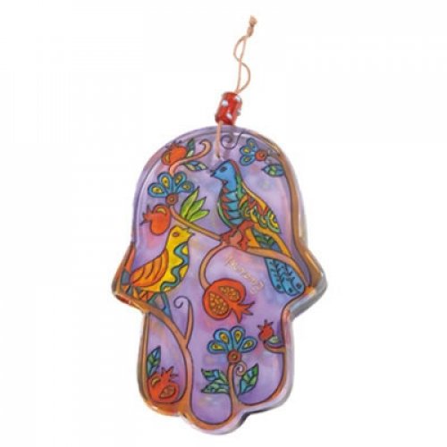 Yair Emanuel Glass Hamsa Wall Decoration - Hand Painted Birds and Pomegranates