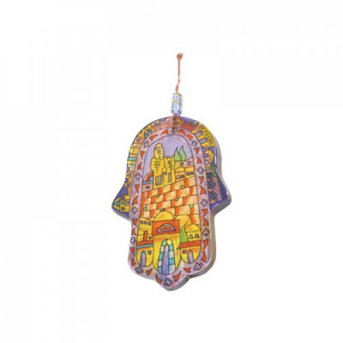 Yair Emanuel Glass Hamsa for Hanging, Small - Hand Painted Jerusalem Images