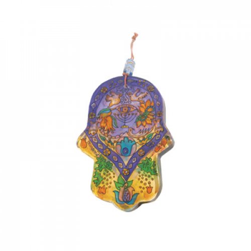 Yair Emanuel Glass Hamsa for Hanging, Small - Hand Painted Menorah & Birds