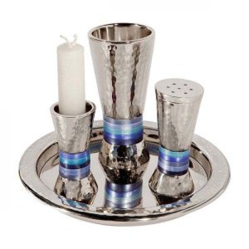 Yair Emanuel Hammered Aluminum Cone Shaped Havdalah Set - Blue Bands