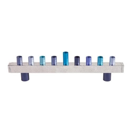 Yair Emanuel Hammered Aluminum Hanukkah Menorah with Tube Design - Blue