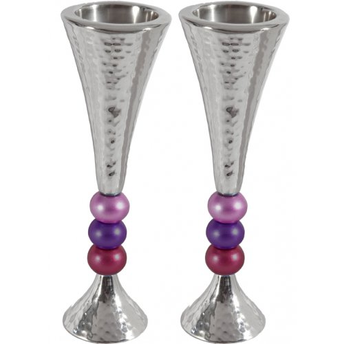 Yair Emanuel Hammered Aluminum Stem Candlestick - Colored Beads