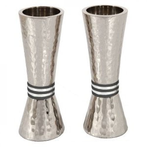 Yair Emanuel Hammered Nickel Cone Candlesticks - Colored Rings