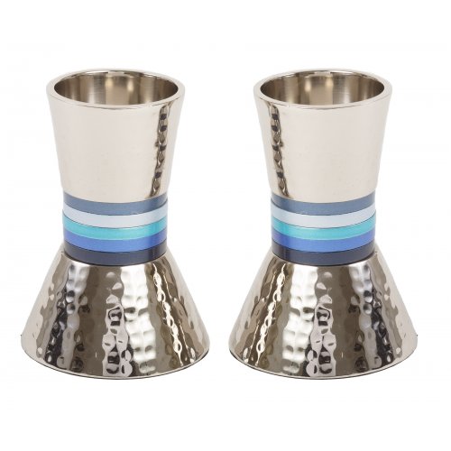 Yair Emanuel Hammered Nickel Cone Candlesticks Small - Colored Stripes