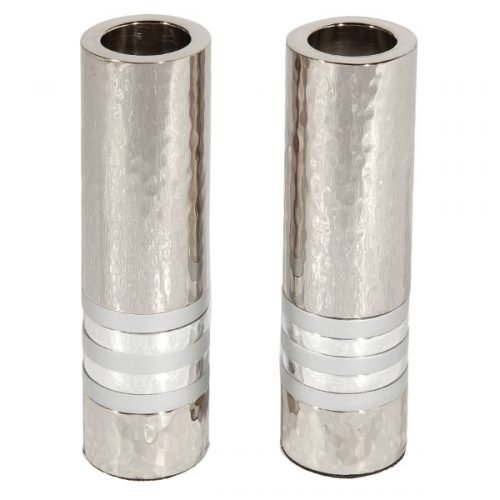 Yair Emanuel Hammered Nickel Cylinder Candlesticks - Silver Bands