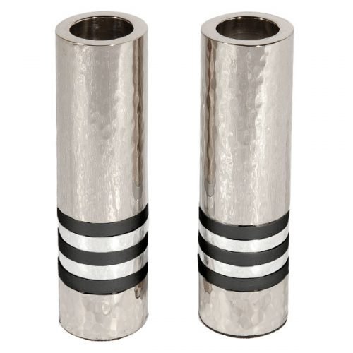 Yair Emanuel Hammered Nickel Cylinder Candlesticks - Silver and Black Bands