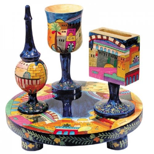 Yair Emanuel Hand Painted 4-Piece Wood Havdalah Set - Jerusalem