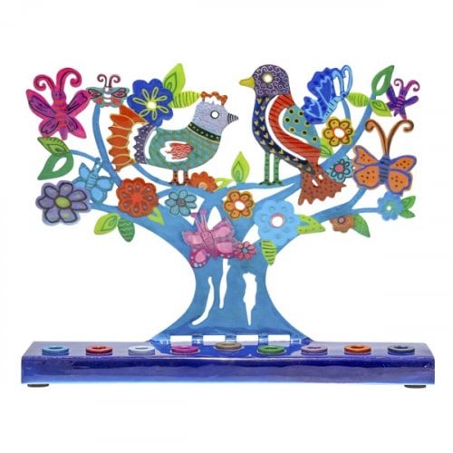 Yair Emanuel Hand Painted Chanukah Menorah, Colored Birds Flowers & Butterflies