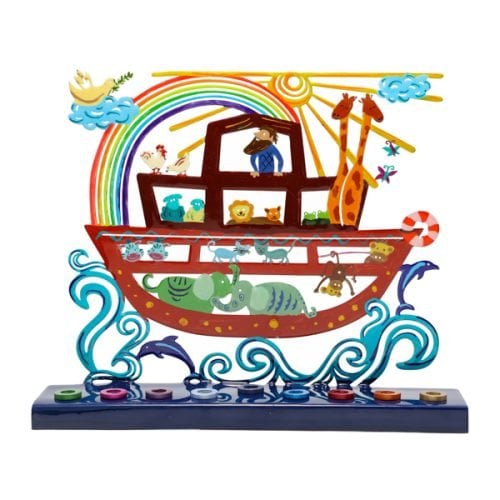 Yair Emanuel Hand Painted Chanukah Menorah, Noahs Ark with Rainbow and Animals