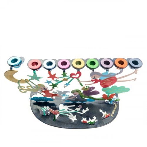 Yair Emanuel Hand Painted Chanukah Menorah, Youthful Wonderland Scene