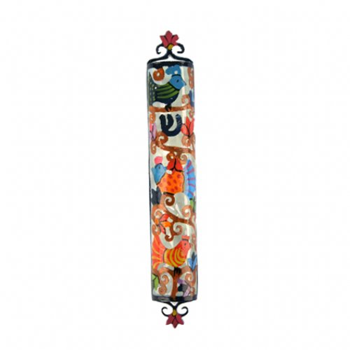 Yair Emanuel Hand Painted Colorful Laser Cut Metal Mezuzah Case - Birds