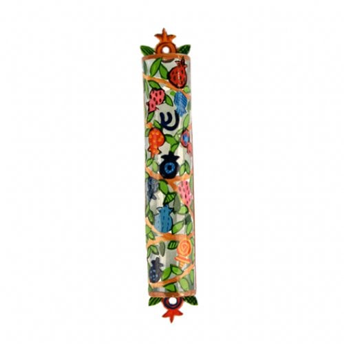 Yair Emanuel Hand Painted Colorful Laser Cut Metal Mezuzah Case - Pomegranates