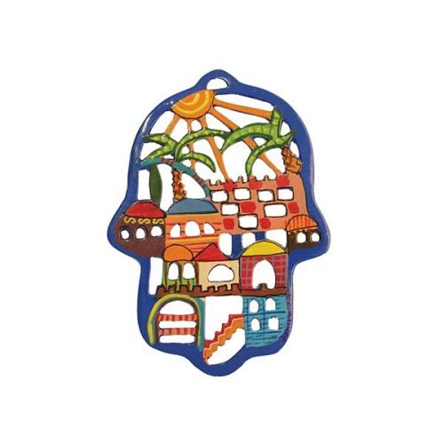 Yair Emanuel Hand Painted Colorful Laser Cut Wall Hamsa - Jerusalem