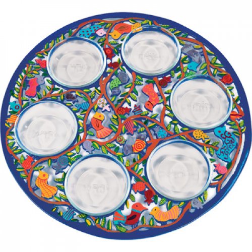 Yair Emanuel Hand Painted Laser Cut Aluminum Seder Plate - Birds