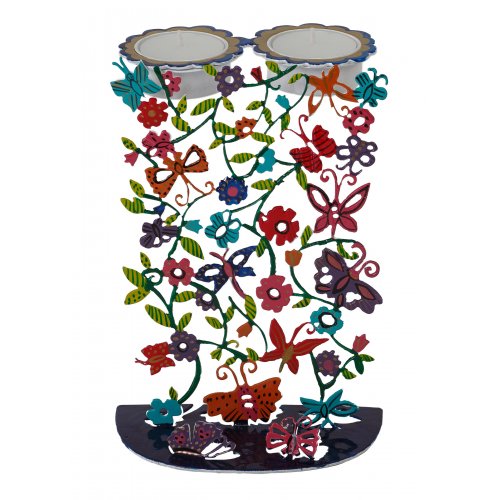 Yair Emanuel Hand Painted Metal Shabbat Candlesticks - Butterflies and Flowers