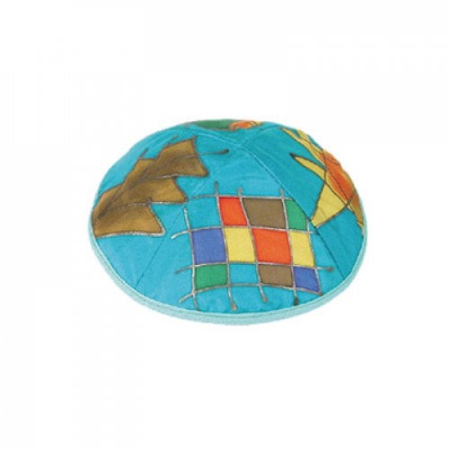 Yair Emanuel Hand Painted Silk Kippah, Turquoise - Twelve Tribes Images