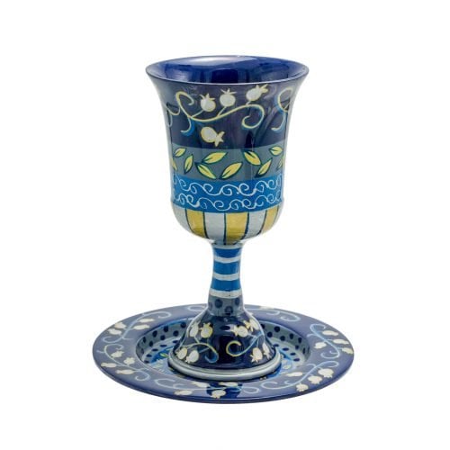 Yair Emanuel Hand Painted Stem Kiddush Cup, Swirling Pomegranates - Blue