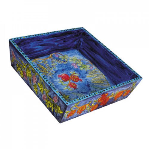 Yair Emanuel Hand Painted Wood Blue Matzah Tray - Seven Species