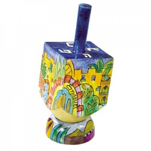 Yair Emanuel Hand Painted Wood Dreidel on Stand Small - Jerusalem Gold Images