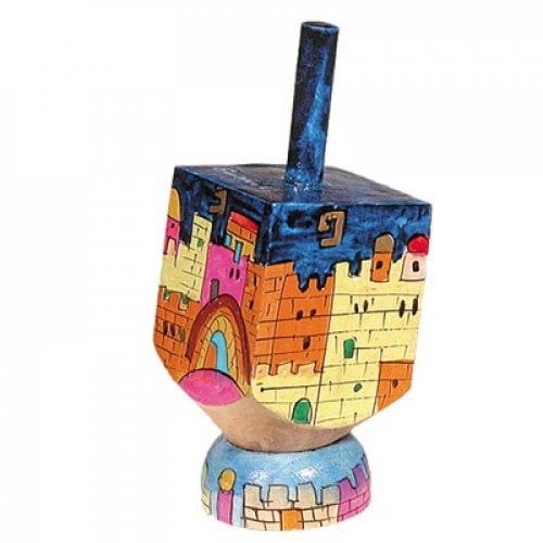 Yair Emanuel Hand Painted Wood Dreidel on Stand Small - Jerusalem Views